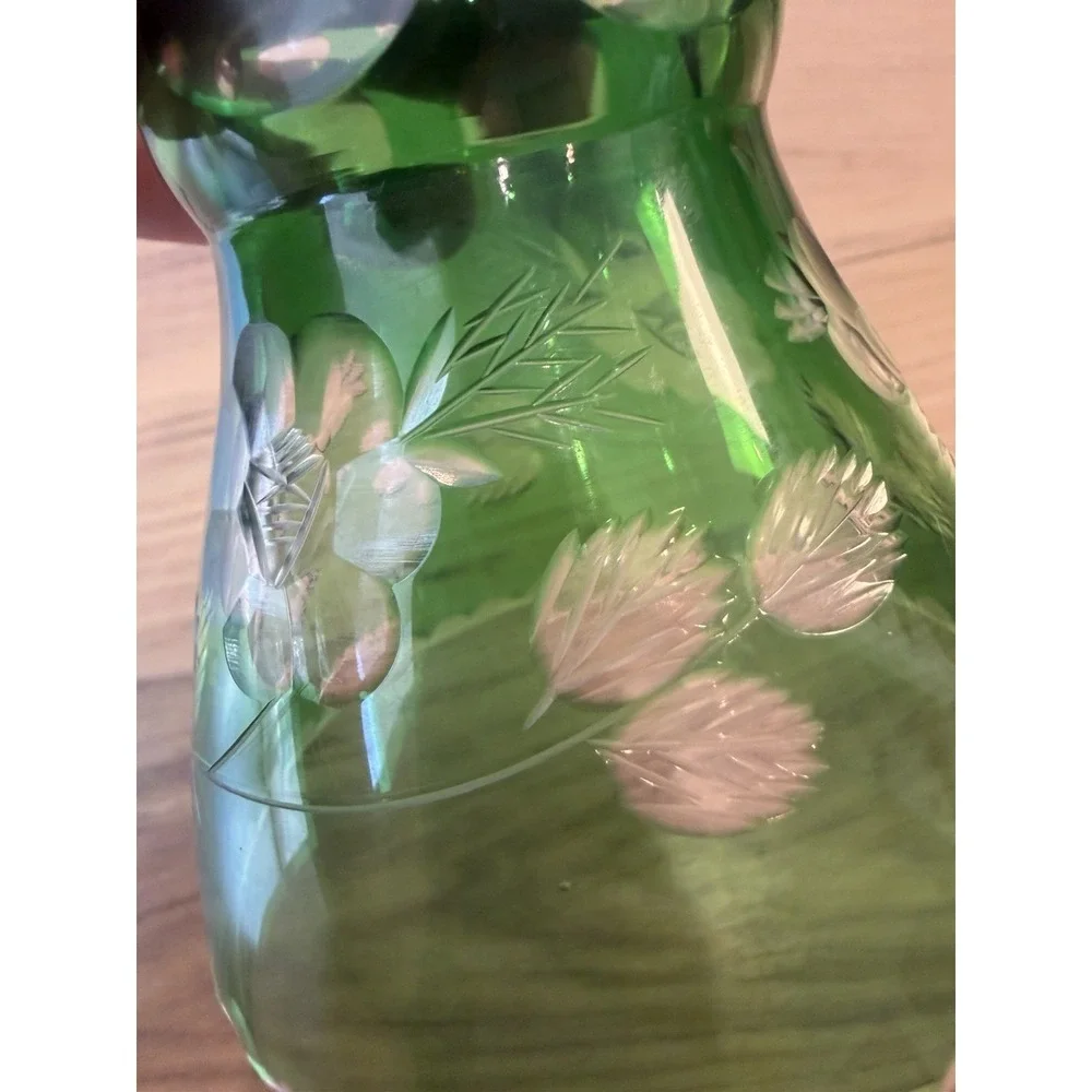 Vintage Emerald Green Cut Crystal Glass Hand Bell Floral Etched Clear Handle
